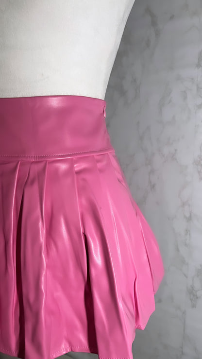 Pink leather mini skirt